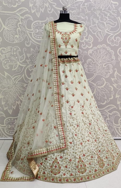 Apple Green Color Malai Satin Multi Thread Zari Embroidered Diamond Work Lehenga Choli
