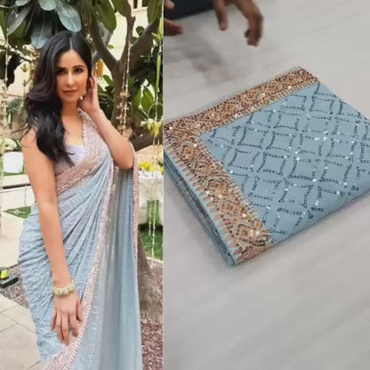 Glamorous Light Blue Color Georgette Designer Sequence Embroidered Work Saree Blouse