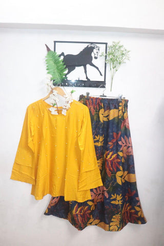 Yellow Color Festive Wear Rayon Moti Work Top Skirt Full Stitched For Women
