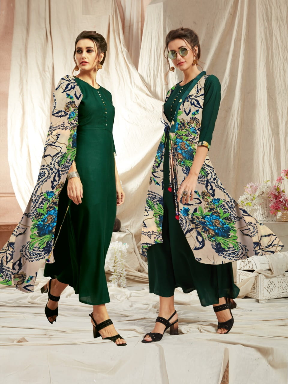 Function Wear Dark Green Rayon Kurti With Diamond Georgette Jacket Design Online VT2123111B