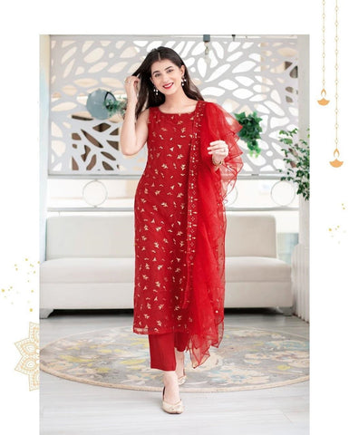 Red Georgette Stitched Suit Set