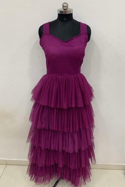 Designer Wine color Net Ruffle Party Wear Gown For Women