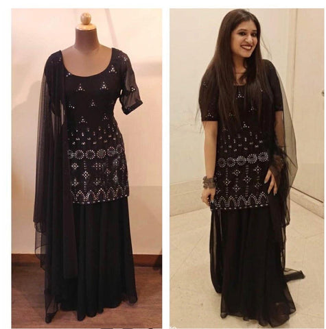 Party Wear Black Color Georgette Embroidered Mirror Work Full Stitched Top Plazo Salwar Suit For Women