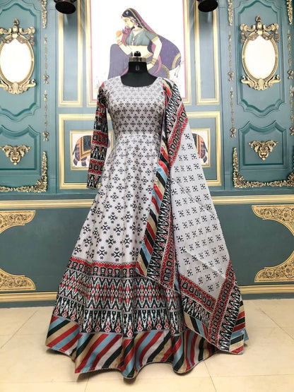 Printed Full Stitched Long Gown Dress With Dupatta
