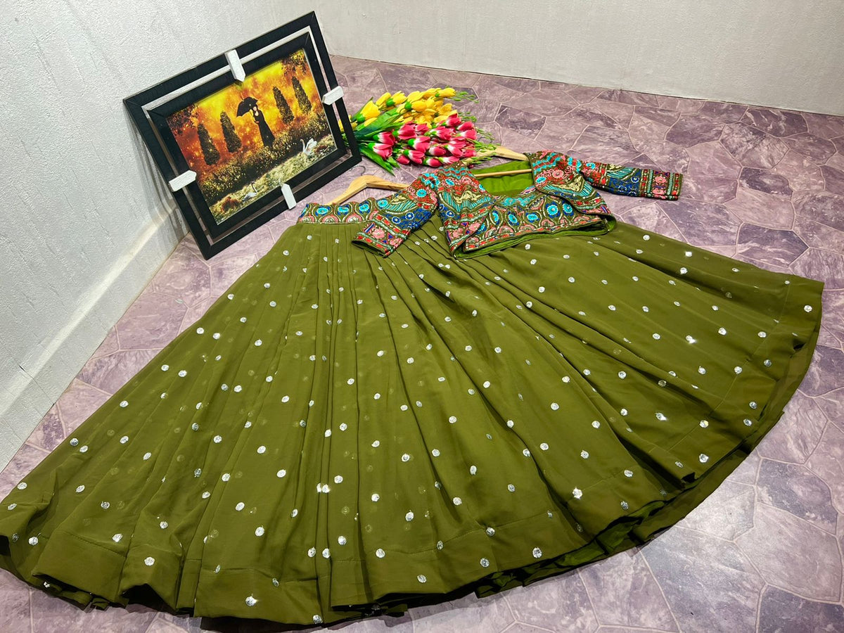 Party Wear Green Color Stitched Embroidered Lehenga With Koti