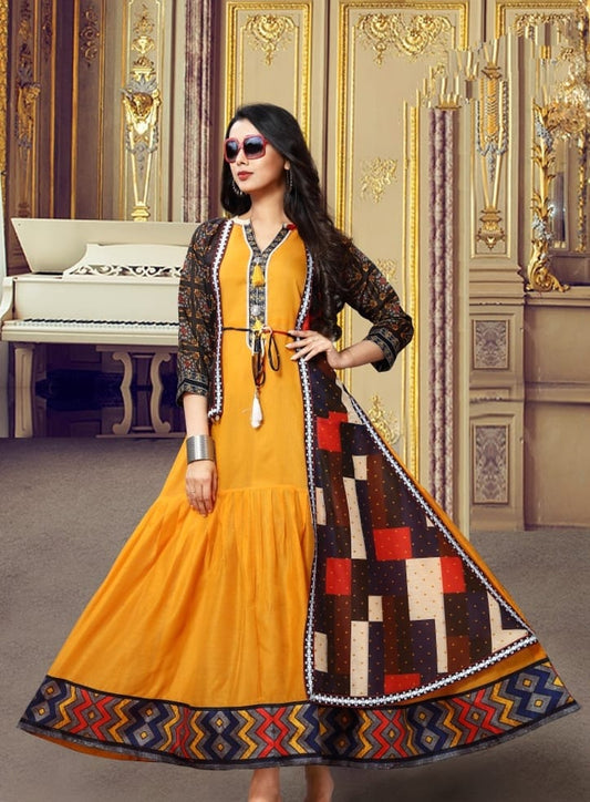 Ochre Color Digital Printed Poli Rayon Ready Made Designer Kurti For Party Wear