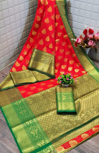 Crimson Color Zari Weaving Banarasi Silk Brocade Contrast Pallu Saree Blouse For Function Wear