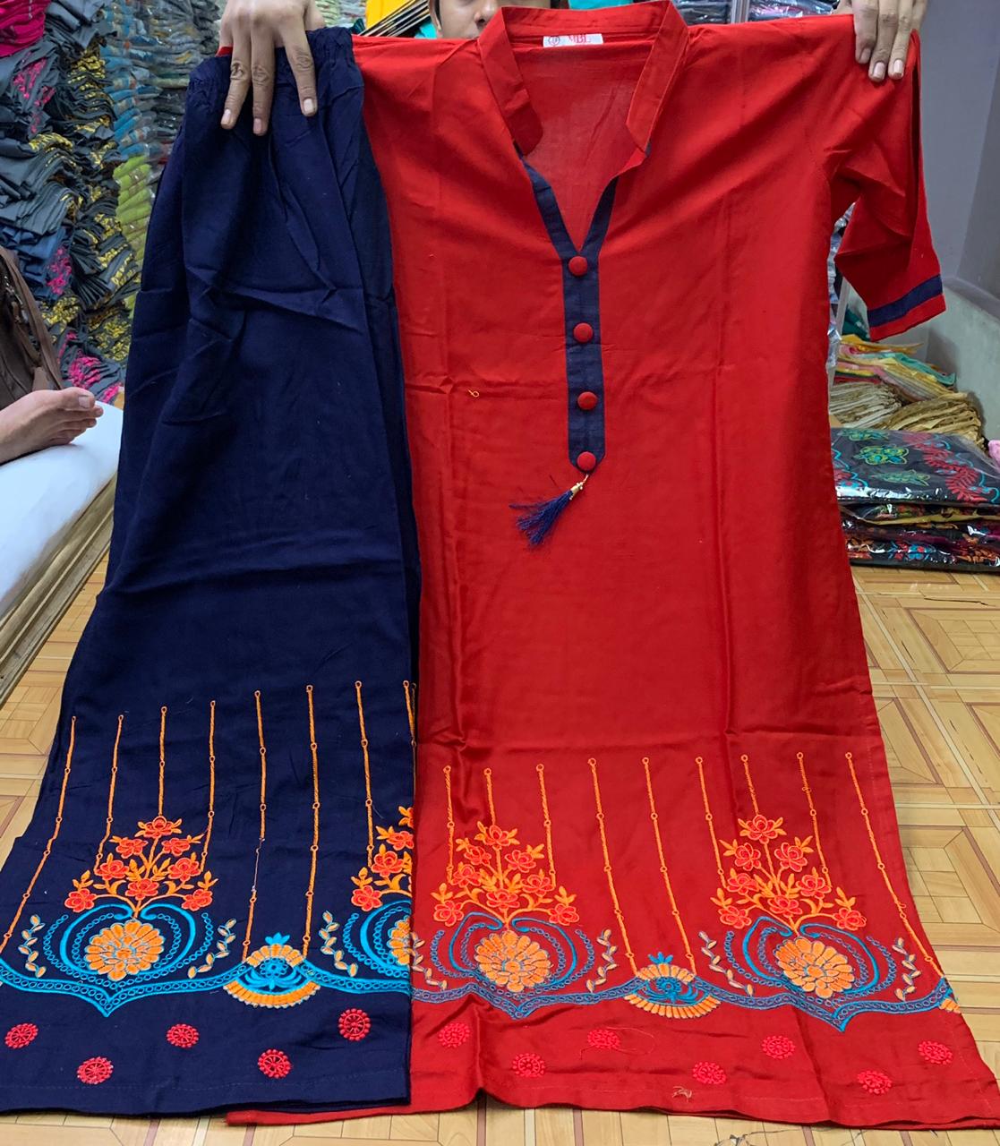 Red Color Cotton Rayon Ton To Ton Embroidered Thread Work Full Stitched Plazo Kurti
