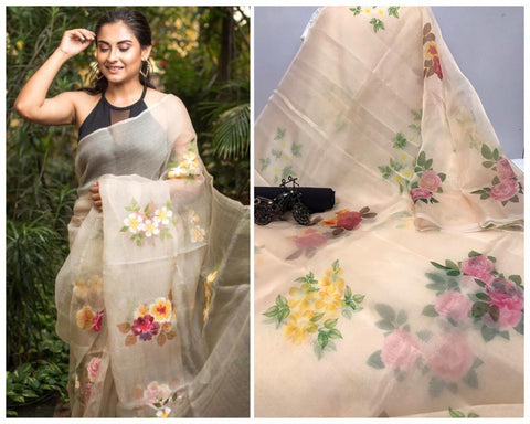 Cream Color Designer Organza Digital Printed Wedding Wear Saree Blouse