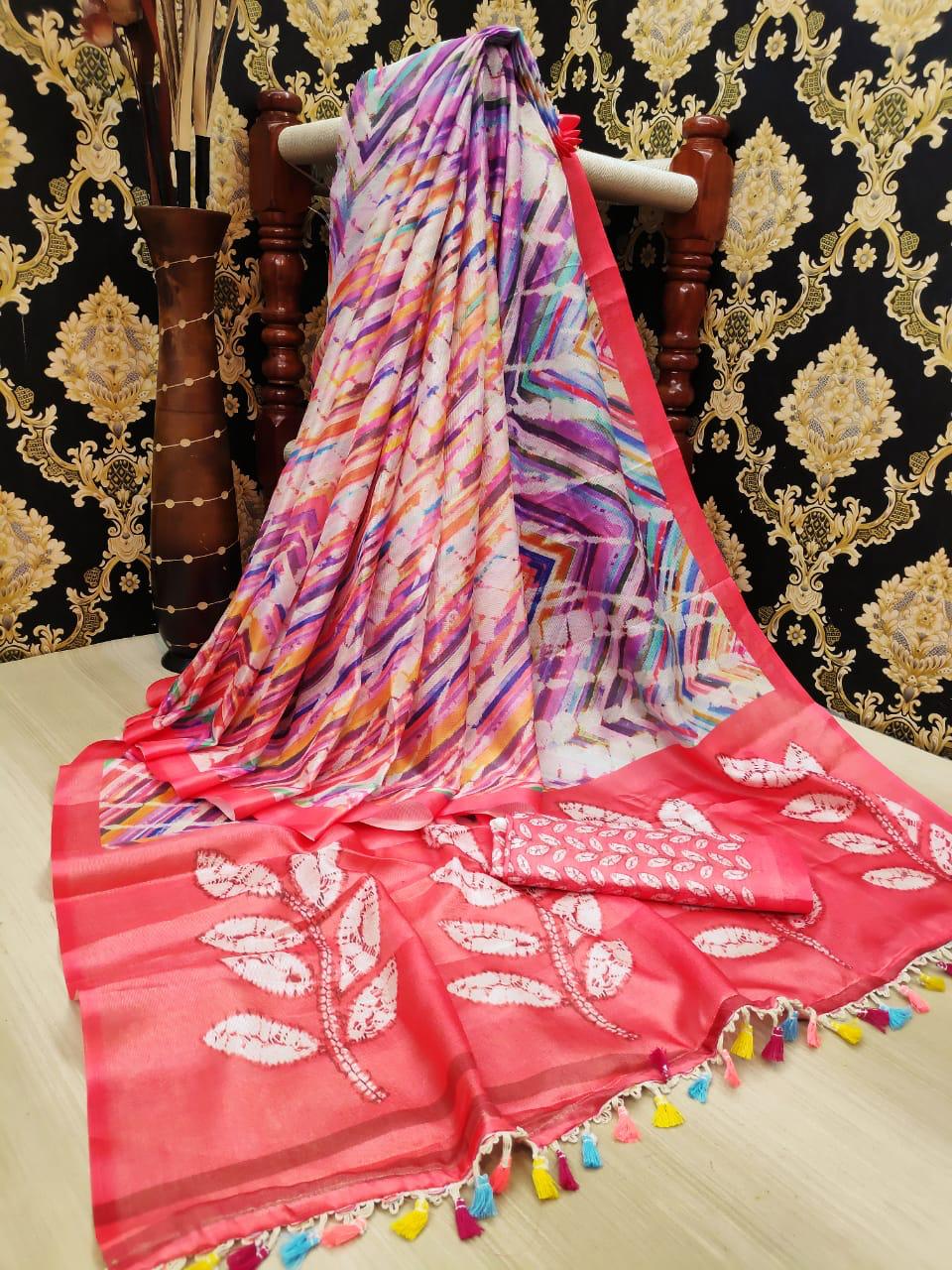 Innovation Color Digital Printed Designer Linen Leheriya Saree Blouse For Party Wear