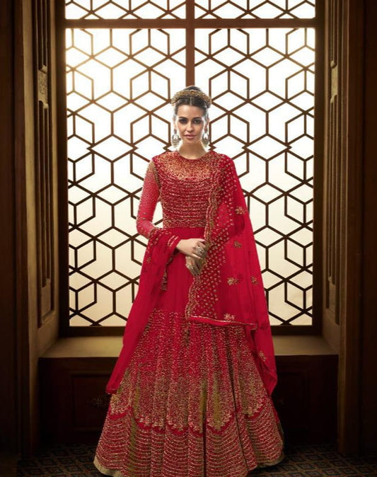 Opulent Carmine Color Festive Wear Soft Heavy Net Multi Zari Stone Embroidered Work Designer Salwar Suit