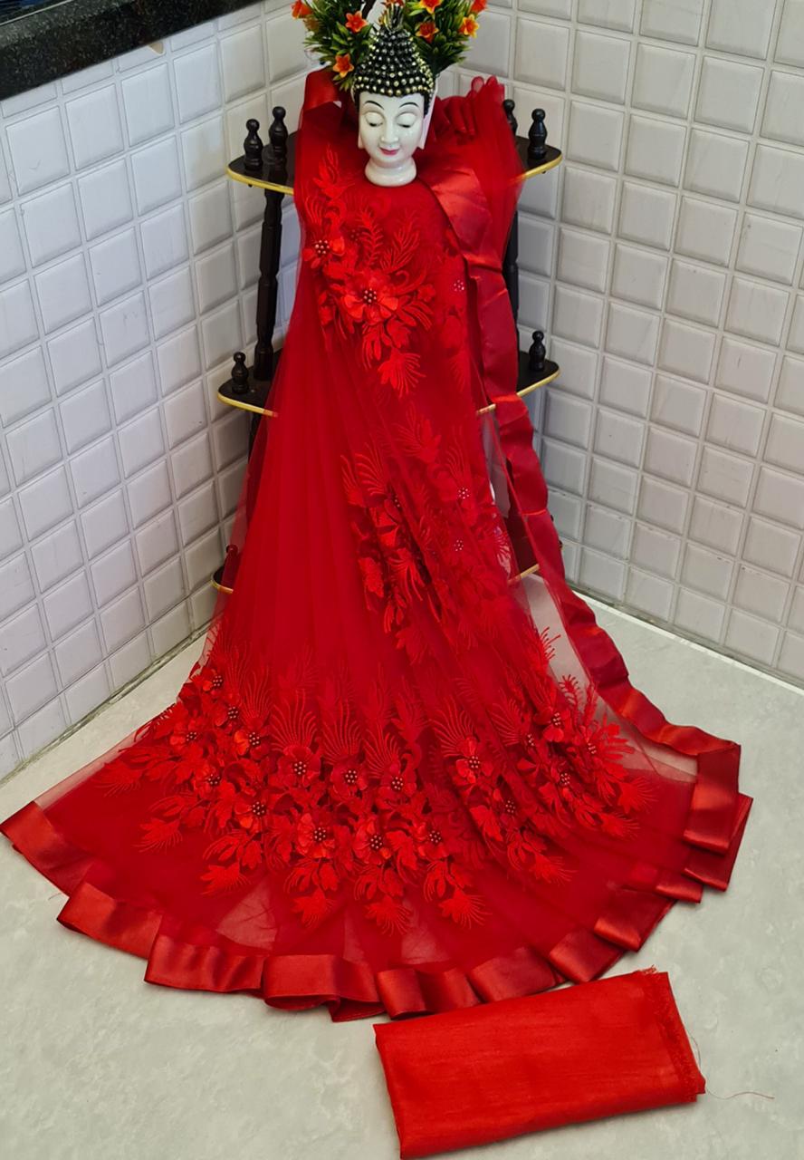 Surpassing Red Color Designer Flower Perl Stone Embroidered Work Soft Net Saree Blouse For Festive Wear