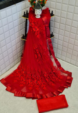 Surpassing Red Color Designer Flower Perl Stone Embroidered Work Soft Net Saree Blouse For Festive Wear