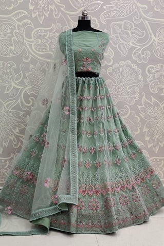 Sea Green Color Bridal Wear Net Embroidered Multi Thread Work Lehega Choli