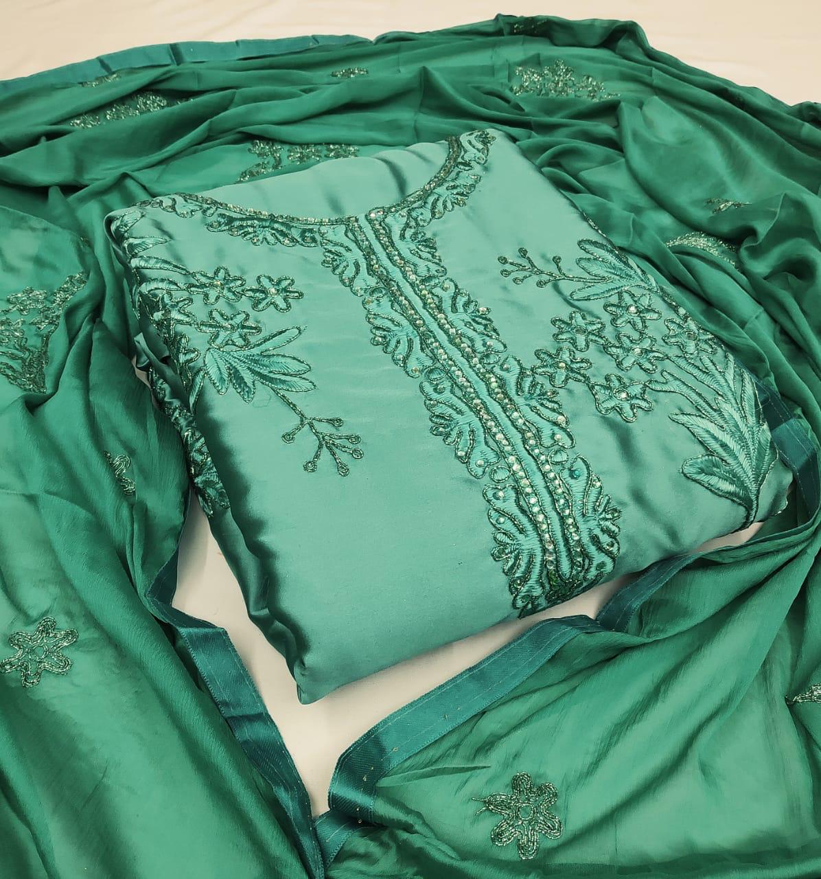 Emerald Color Embroidered Diamond Satin Party Wear Salwar Suit