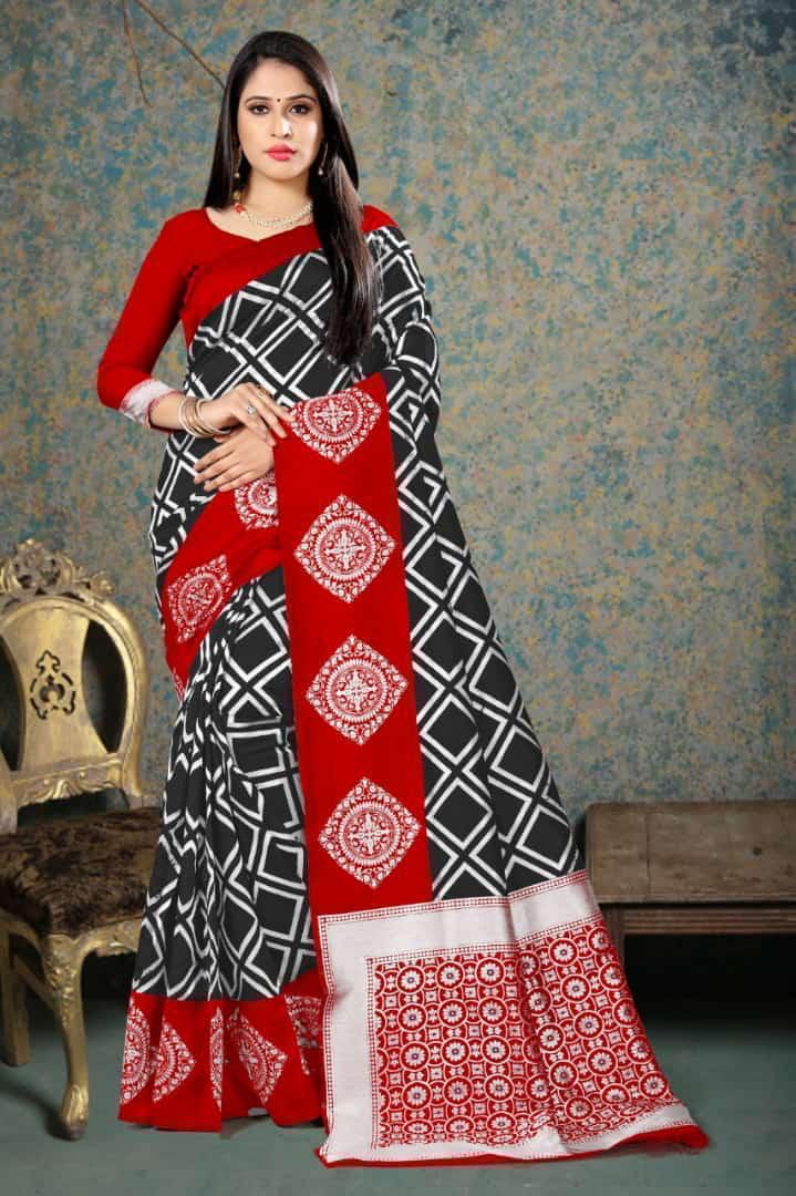 Black Color Festive Wear Lichi Silk Contrast Pallu Weaving Saree Blouse For Women