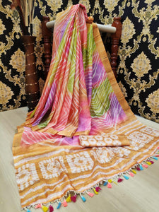 Ochre Color Festive Wear Linen Leheriya Digital Printed Saree Blouse For Women
