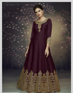 Designer Mahogany Color Designer Dolla Silk Thread Embroidered Cording Work Anarkali Salwar Suit For Wedding Wear