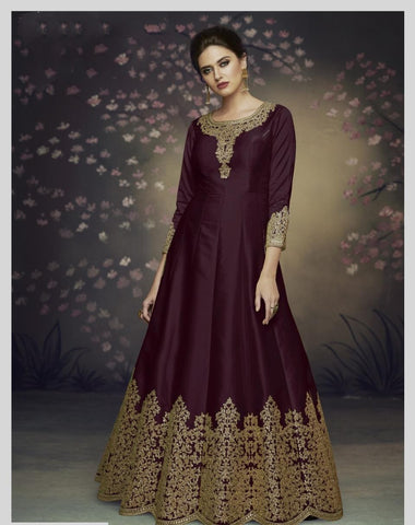 Designer Mahogany Color Designer Dolla Silk Thread Embroidered Cording Work Anarkali Salwar Suit For Wedding Wear