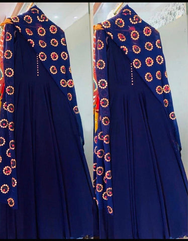 Trendy Navy Blue Color Georgette Plain Gown With Embroidered Work Dupatta Full Stitched For Party Wear
