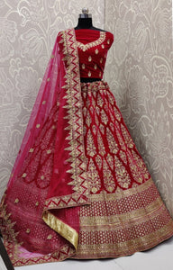 Rani Color Pure Velvet Fused Zari Thread Embroidered Work Bridal Wear Lehenga Choli