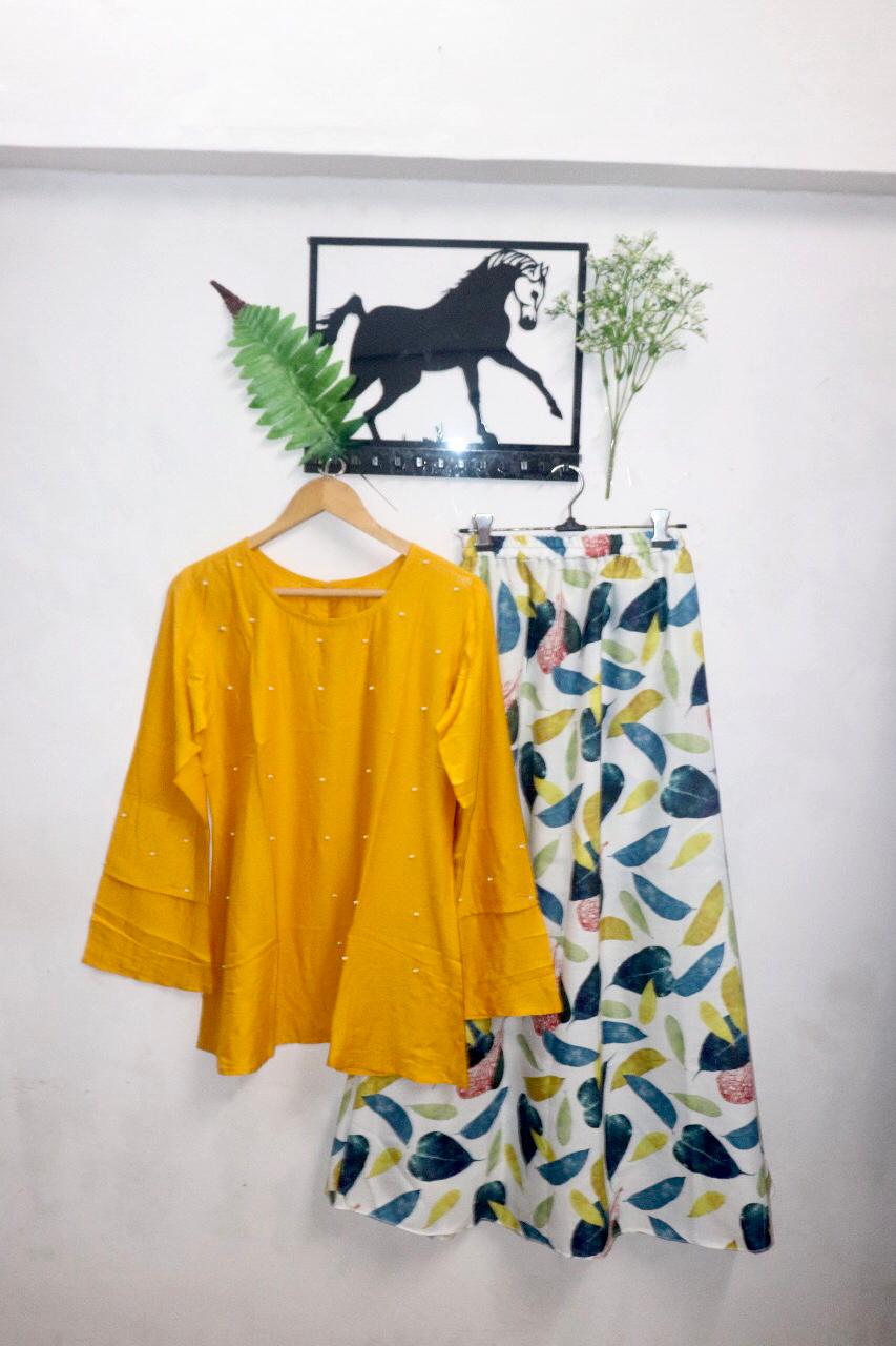 Amber Color Rayon Moti Work Designer Ready Made Skirt Top For Party Wear