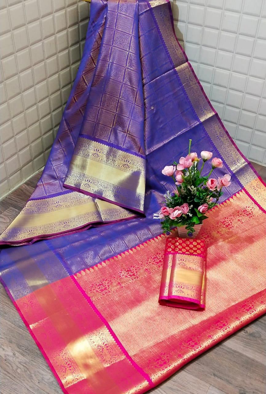 Electric Color Kanchipuram Silk Zari Weaving Contrast Pallu Saree Blouse For Function Wear