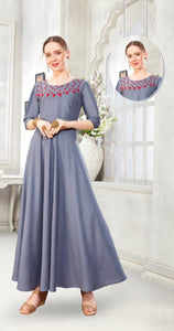 Slate Color Designer Rayon Cotton Thread Hand Work Ready Made Long Gown For Party Wear