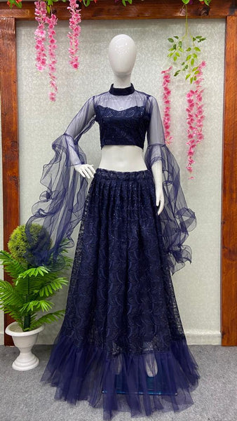 Blue Color Embroidery Party Wear Designer Flair Lehenga Choli