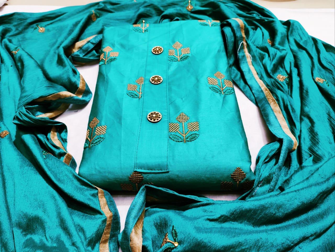 Dark Rama Color Embroidered Work Cotton Salwar Suit For Party Wear