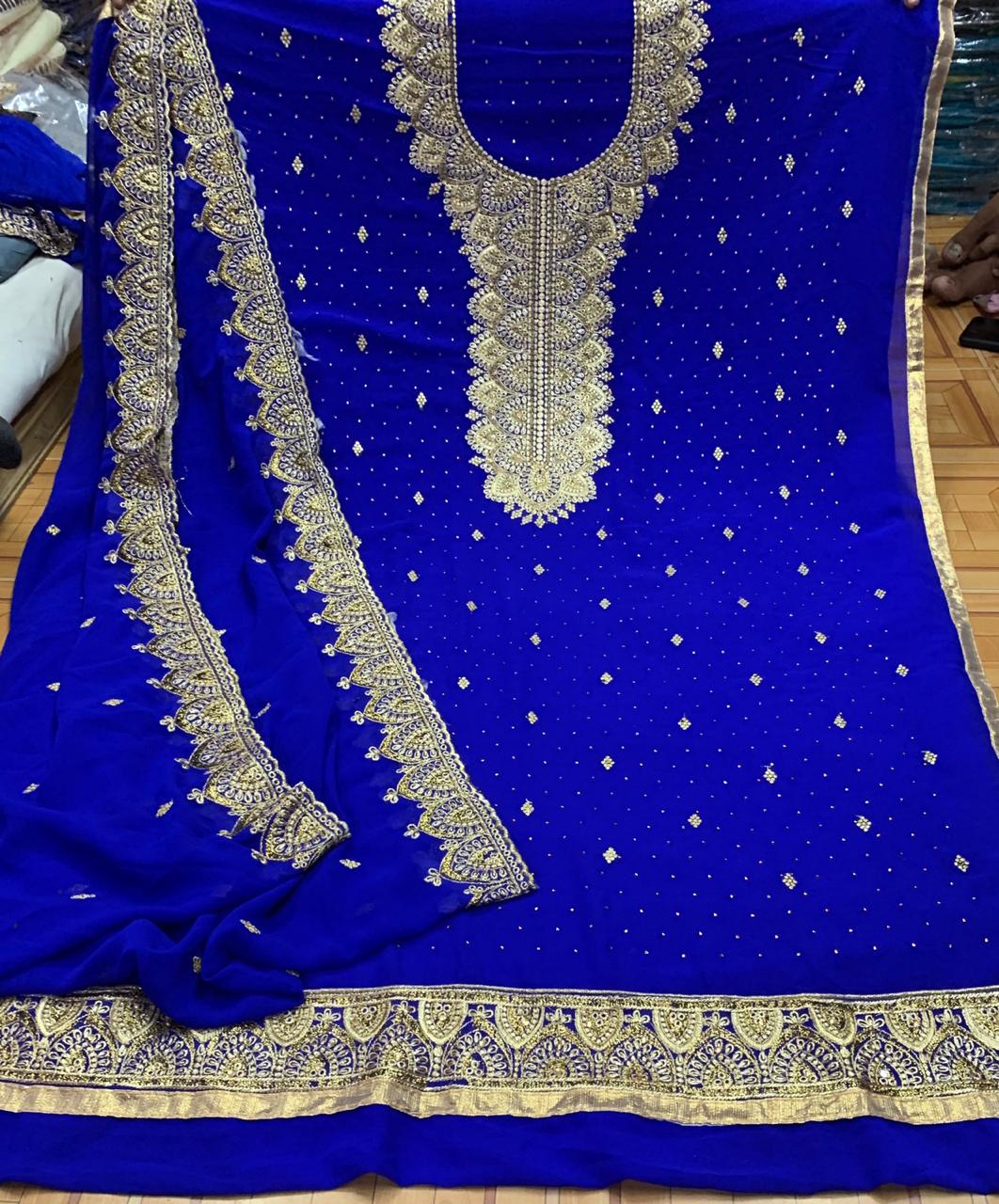 Royal Blue Color Faux Georgette Embroidered Machine Diamond Work Designer Salwar Suit
