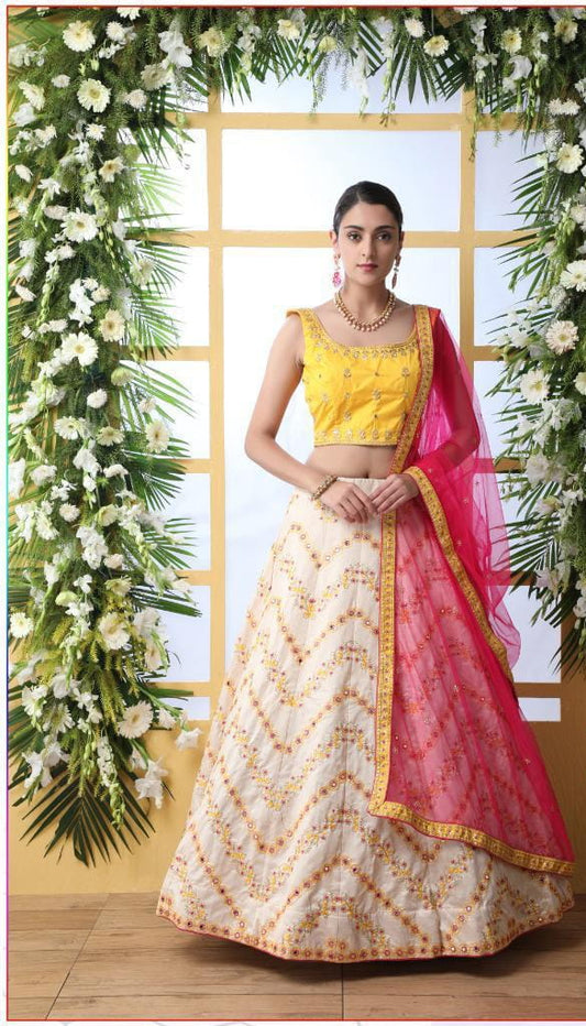 Off White Color Art Silk Mirror Pasting Zari Thread Embroidered Sequence Work Lehenga Choli
