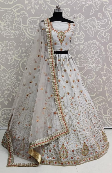 Grey Color Malai Silk Designer Diamond Embroidered Zari Thread Work Lehenga Choli