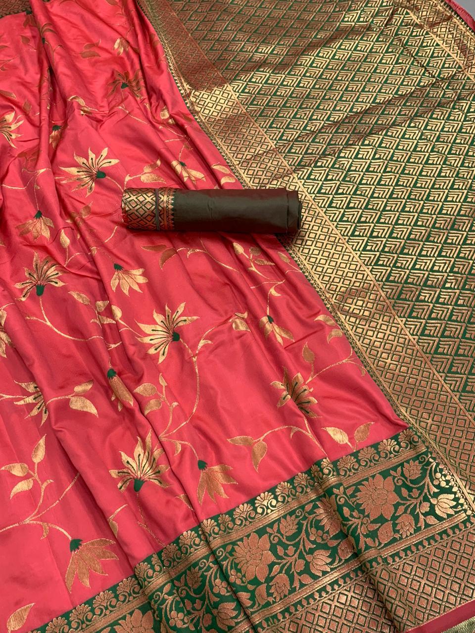 Punch Color Pure Cotton Silk Mina Zari Weaving Work Rich Pallu Saree Blouse For Festive Wear