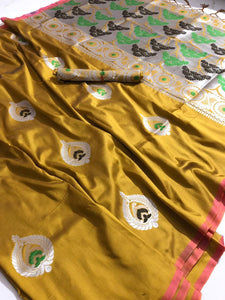 Goldenrod Color Lichi Silk Zari Weaving Work Saree Blouse For Party Wear