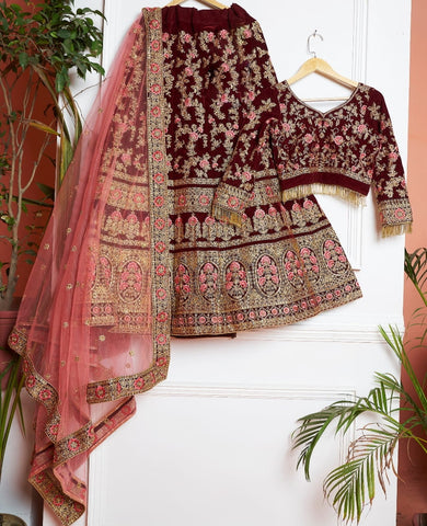 Maroon Color Velvet Designer Designer Embroidered Multi Thread Work Lehenga Choli For Wedding Wear