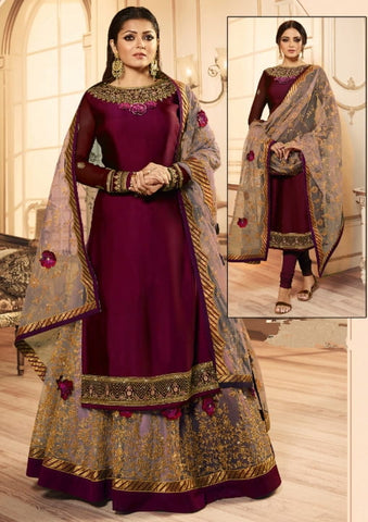 Burgundy Color Designer Satin Georgette Multi Zari Embroidered Stone Work Salwar Suit For Wedding Wear