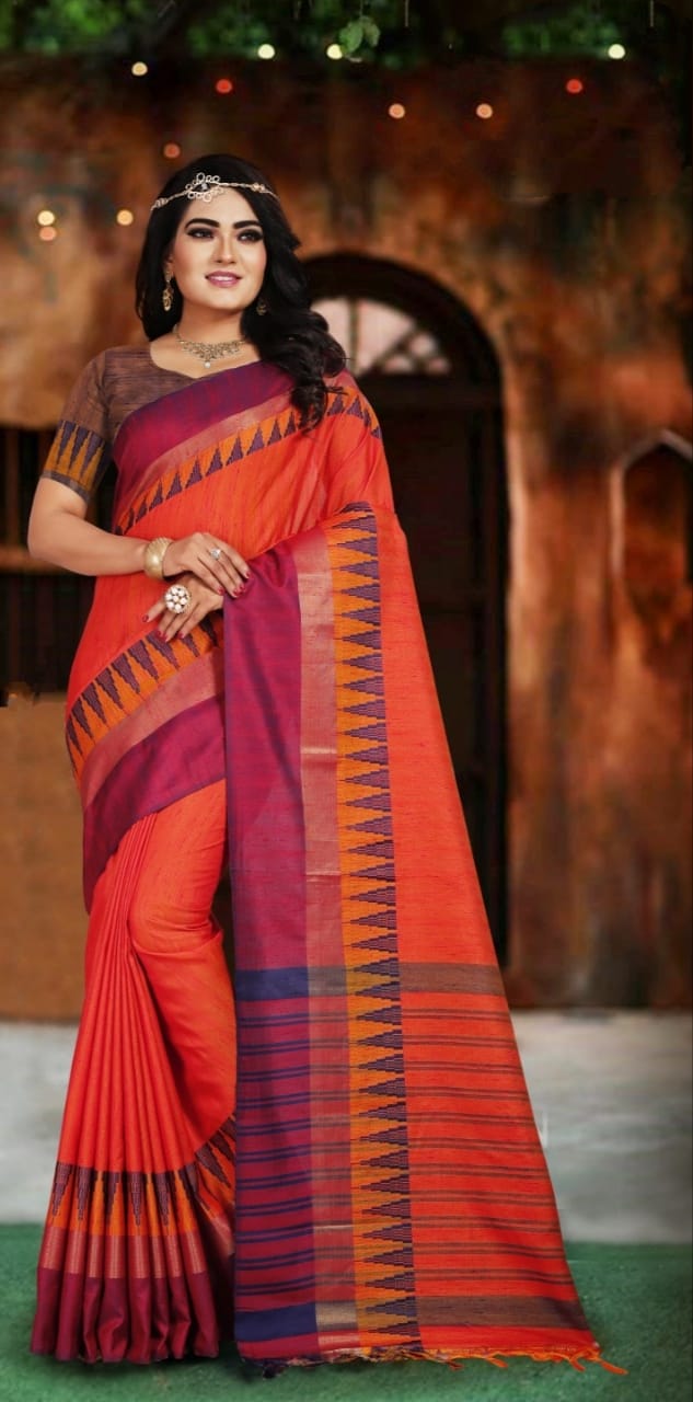 Scarlet Color Fancy Cotton Silk Printed Border Saree Blouse For Wedding Wear