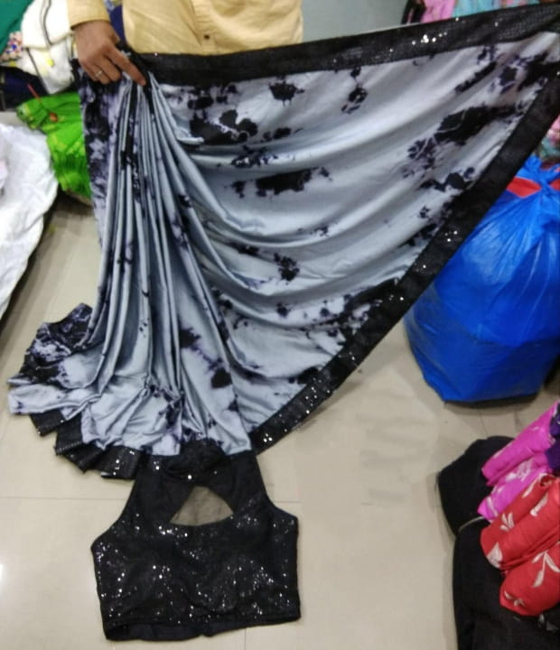 Grey Color Gaji Silk Sequence Work Saree Designer Ready Made Blouse For Party Wear