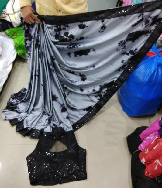 Grey Color Gaji Silk Sequence Work Saree Designer Ready Made Blouse For Party Wear