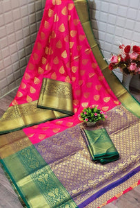 Magenta Color Banarasi Silk Handloom Zari Weaving Brocade Contrast Border Pallu Saree Blouse