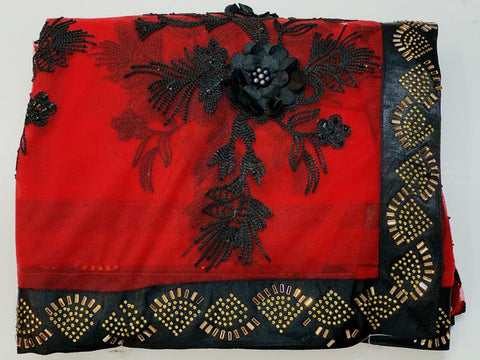 Barn Red Color Designer Soft Net Fancy Rubin Work Flower With Hot Fix Diamond Border Saree Blouse For Wedding Wear