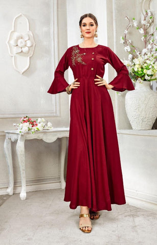 Carmine Color Designer Rayon Cotton Thread Hand Work Ready Made Gown For Party Wear