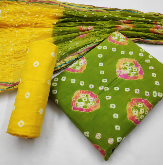 Kelly Color Party Wear Cotton Bhandhej Hand Dying Salwar Suit For Women