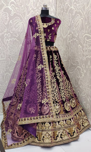 Violet Color Designer Pure Velvet Zari Diamond Work Lehenge Choli For Wedding Wear