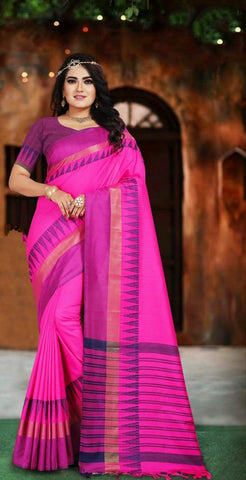 Magenta Color Cotton Silk Designer Printed Border Saree Blouse For Women
