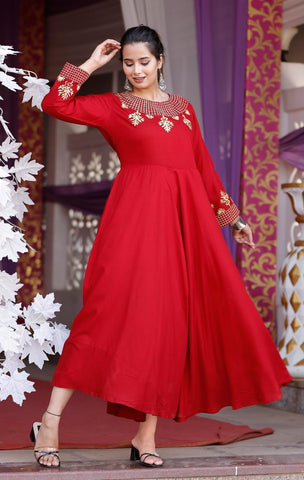 Opulent Crimson Color Festive Wear Heavy Rayon Embroidered Work Ready Made Gown