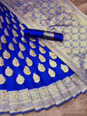 Party Wear Royal Blue Color Beautiful Lichhy Silk Zari Jacquard Work Rich Pallu Saree Blouse For Women