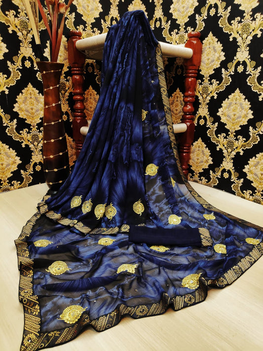Egyptian Color Wedding Wear Georgette Embroidered Diamond Butti Machine Work All Over Lace Border Saree Blouse