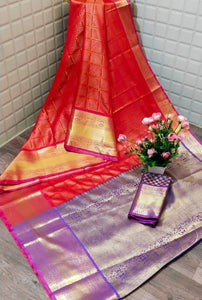 Chili Red Color Kanchipuram Silk Zari Weaving Contrast Pallu Saree Blouse For Women